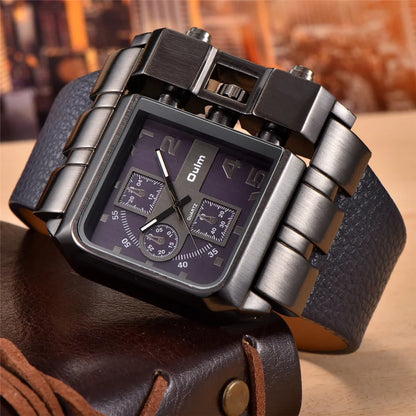 Oulm 3364 Men’s Square Watch — Large Dial Casual Leather Strap Quartz Sport Wristwatch