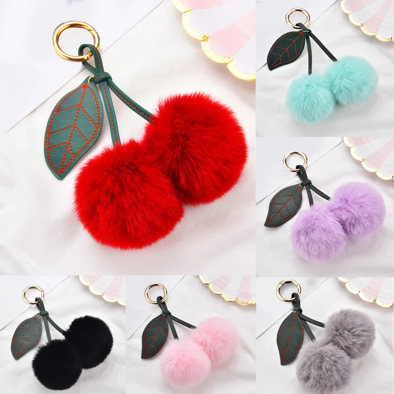 Fashion Cute Fluffy Rabbit Fur Ball Keychain – Pompom Leaf Cherry Pendant for Handbag & Car Keys