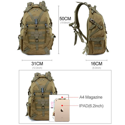 40L Tactical Camping Backpack - Men's Travel Bag, Molle Climbing Rucksack for Hiking, Outdoor, Fishing, and Reflective Shoulder Strap