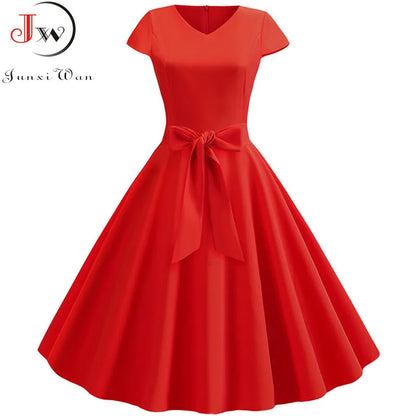 Women Vintage Summer Dress - V Neck Short Sleeve Swing Party Dress With Belt