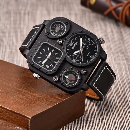 Oulm 1169 Black Sport Men’s Watch — Square Dial Quartz Wristwatch with Decorative Compass, Casual Male Timepiece