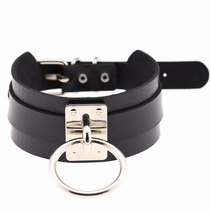 KMVEXO Harajuku Punk Leather Choker Necklace - Handmade Gothic Collar with Silver-Tone Metal O-Ring for Parties