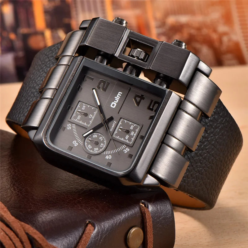 Oulm 3364 Men’s Square Watch — Large Dial Casual Leather Strap Quartz Sport Wristwatch