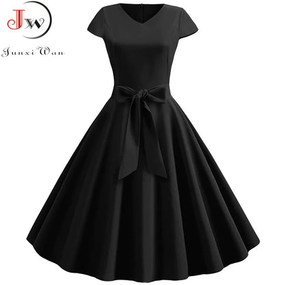 Women Vintage Summer Dress - V Neck Short Sleeve Swing Party Dress With Belt