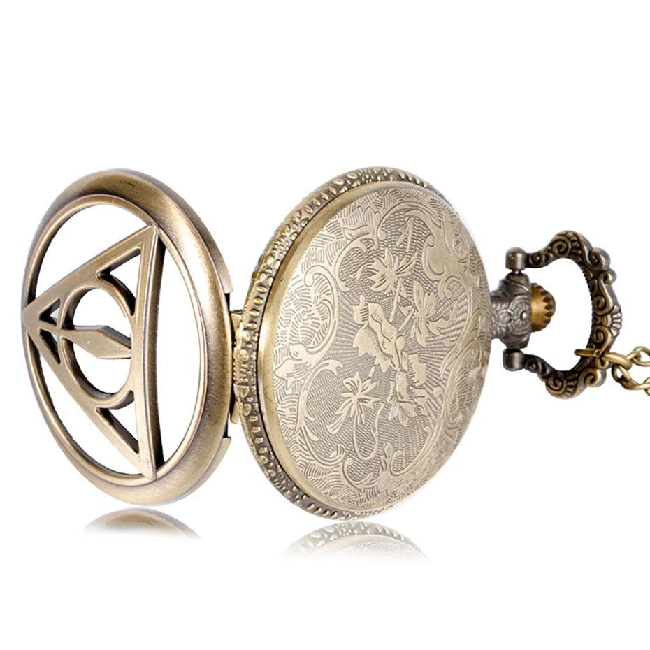Retro Bronze Deathly Hallows Pocket Watch Necklace - Analog Quartz Wizard-Inspired Collectible for Men, Women, and Kids