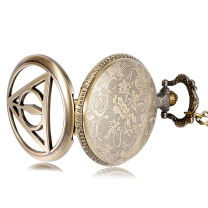 Retro Bronze Deathly Hallows Pocket Watch Necklace - Analog Quartz Wizard-Inspired Collectible for Men, Women, and Kids