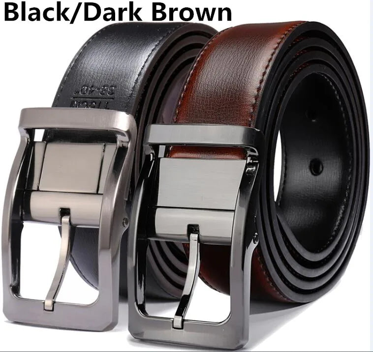 Men’s Genuine Leather Reversible Belt – 2-in-1 Rotated Buckle for Big & Tall Sizes
