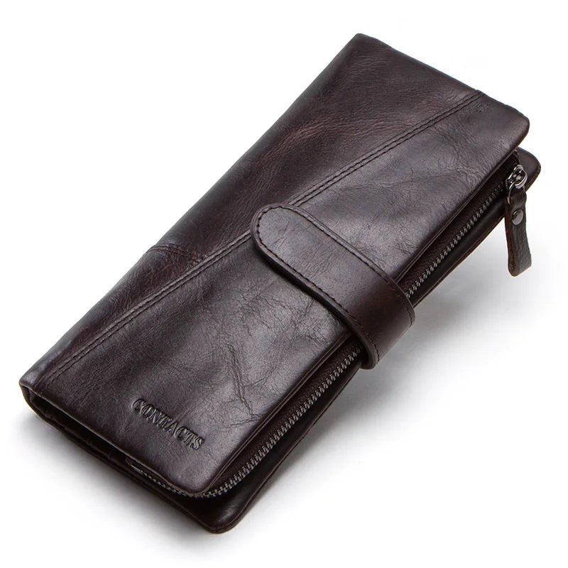 CONTACT'S Genuine Leather Men’s Long Wallet – Phone Bag with Zipper Coin Pocket, Clutch Purse & Small Wallet