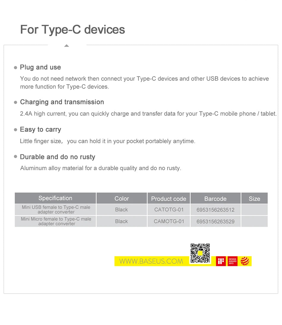 Baseus USB to Type-C OTG Adapter – USB-C Male to Micro USB Female Converter for MacBook, Samsung S20, USBC OTG Connector