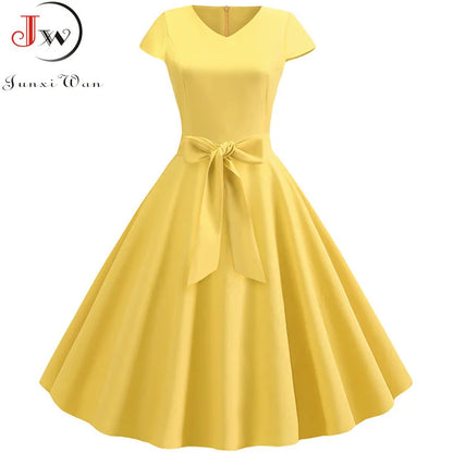 Women Vintage Summer Dress - V Neck Short Sleeve Swing Party Dress With Belt