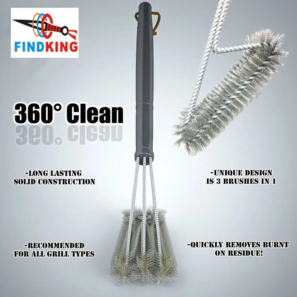 FINDKING Grill Cleaning Brush - BBQ Tool with 3 Stainless Steel Brushes in 1 - Best Barbecue Cleaner and BBQ Accessories