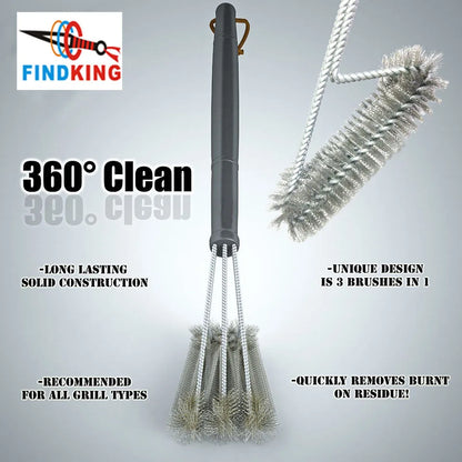 FINDKING Grill Cleaning Brush - BBQ Tool with 3 Stainless Steel Brushes in 1 - Best Barbecue Cleaner and BBQ Accessories