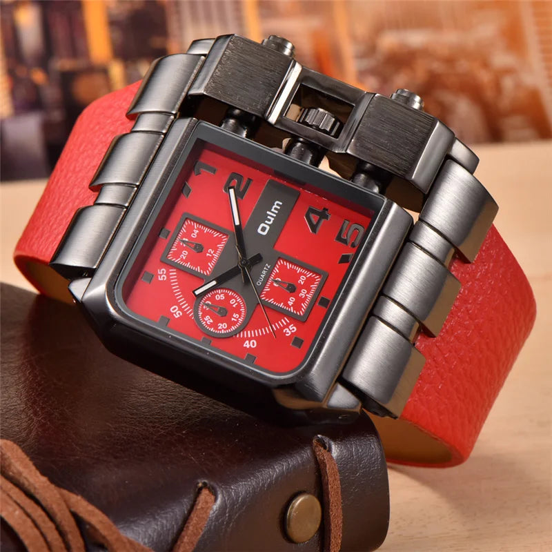 Oulm 3364 Men’s Square Watch — Large Dial Casual Leather Strap Quartz Sport Wristwatch