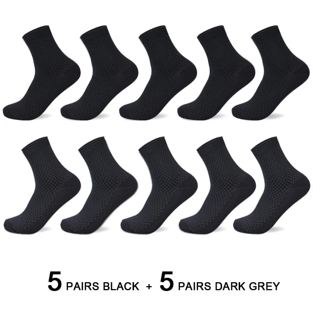 10 Pairs Men’s Bamboo Fiber Compression Socks – Long Black Business Casual Dress Socks, Breathable Autumn Wear, Plus Size 42–45 Gift Pack