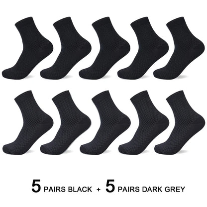 10 Pairs Men’s Bamboo Fiber Compression Socks – Long Black Business Casual Dress Socks, Breathable Autumn Wear, Plus Size 42–45 Gift Pack