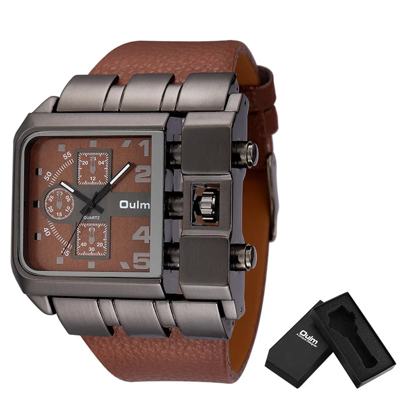 Oulm 3364 Men’s Square Watch — Large Dial Casual Leather Strap Quartz Sport Wristwatch