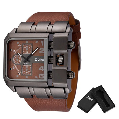 Oulm 3364 Men’s Square Watch — Large Dial Casual Leather Strap Quartz Sport Wristwatch