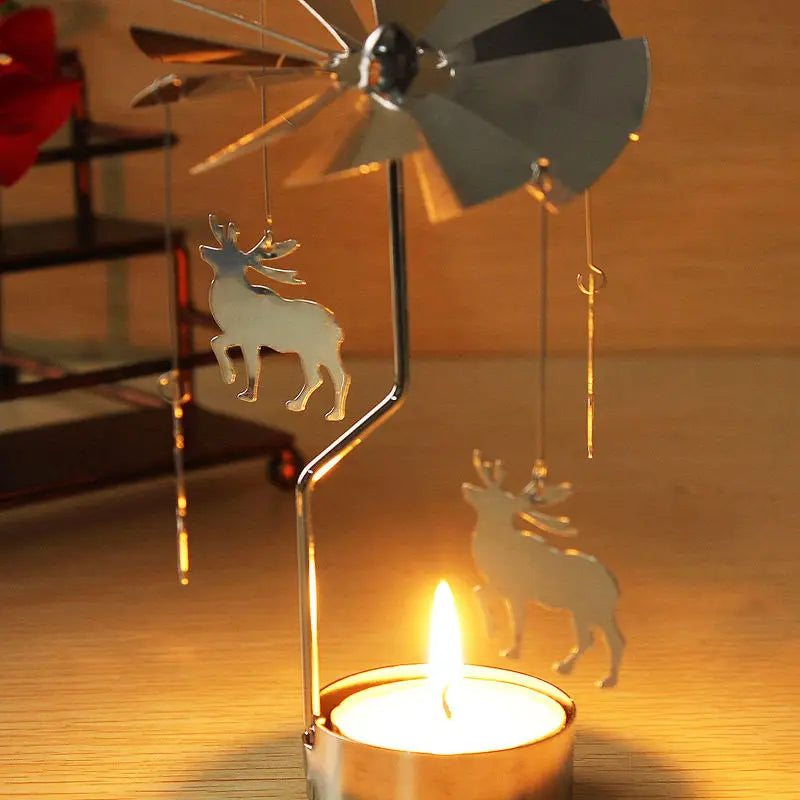 Silver Christmas Rotating Tea Light Candle Holder Carousel – Spinning Holiday Centerpiece Decor