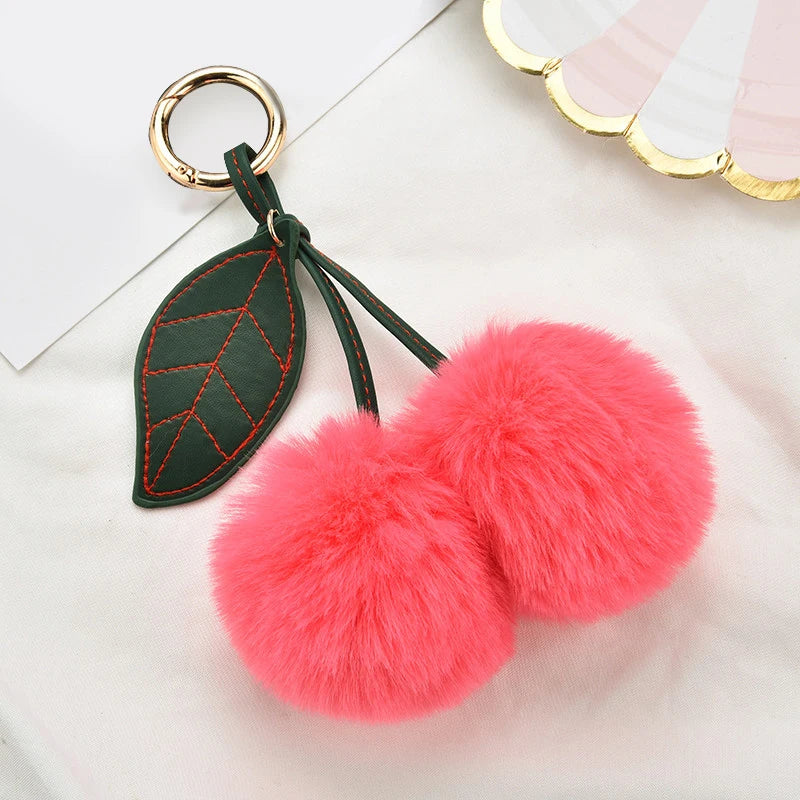 Fashion Cute Fluffy Rabbit Fur Ball Keychain – Pompom Leaf Cherry Pendant for Handbag & Car Keys