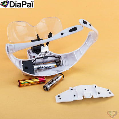 DIAPAI Adjustable 5-Lens Loupe Headband Magnifier with LED Light – Diamond Painting Embroidery Glasses