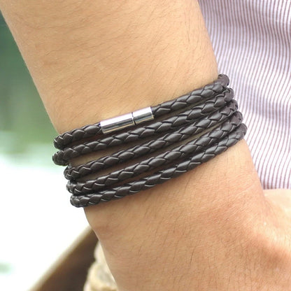 XQNI Black Retro Leather Bracelet for Men - 5 Lap Chain Link Bangle, Fashion Sporty Charm Bracelet