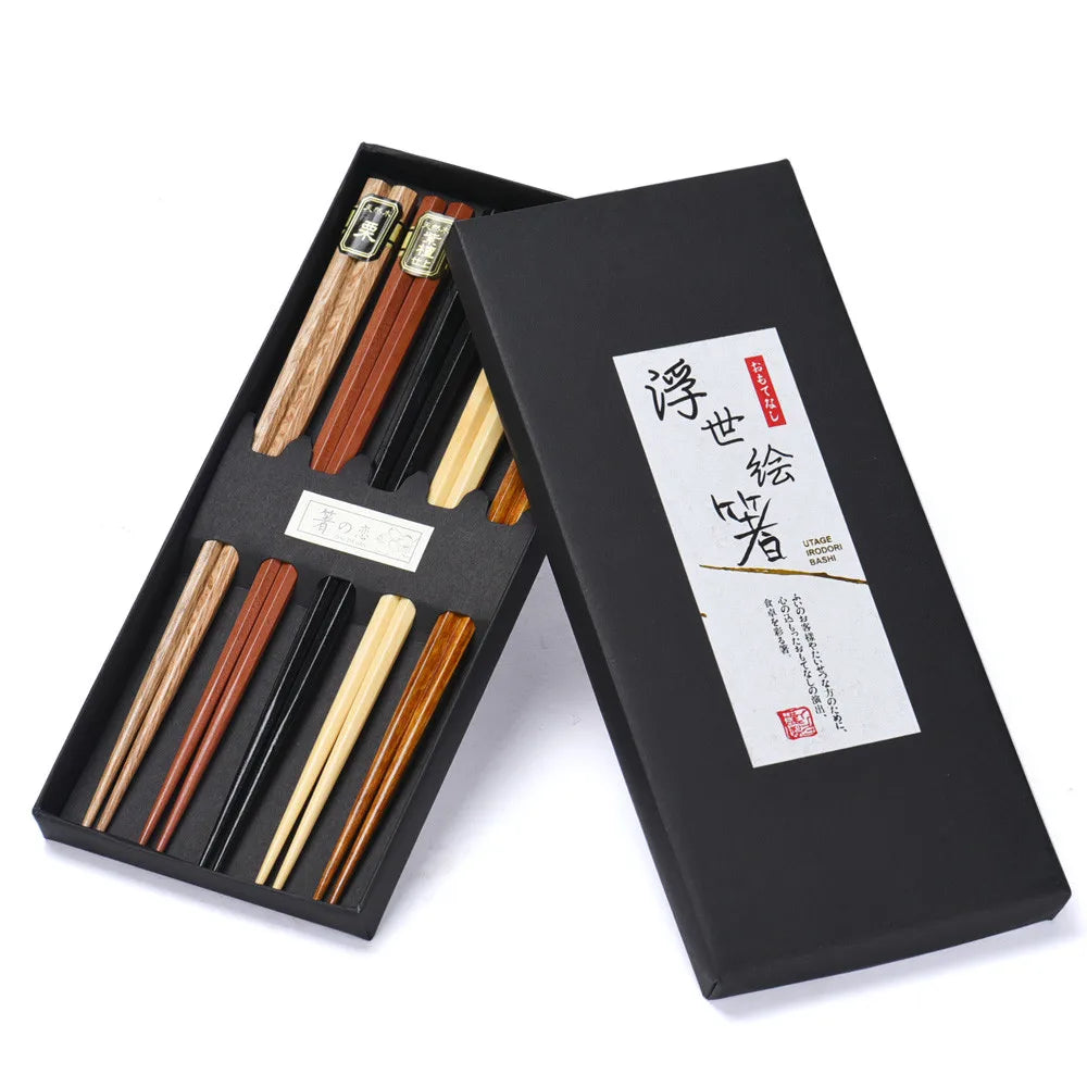 5 Pairs Japanese Style Wood Chopsticks – Reusable Natural Beech, Tableware for Pizza, Noodles, Chinese Set