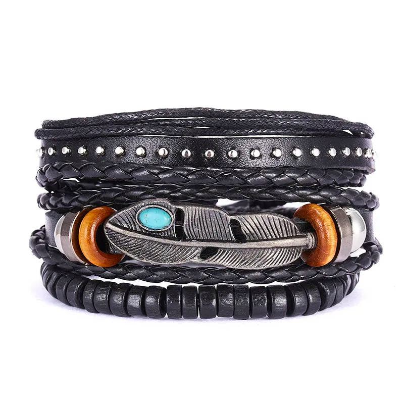 Men's Vintage Multilayer Leather Braid Bracelet - Handmade Star, Leaf & Owl Rope Wrap Bangle, Male Gift Jewelry