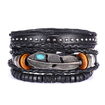 Men's Vintage Multilayer Leather Braid Bracelet - Handmade Star, Leaf & Owl Rope Wrap Bangle, Male Gift Jewelry
