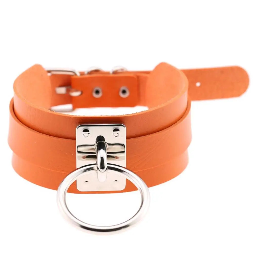 KMVEXO Harajuku Punk Leather Choker Necklace - Handmade Gothic Collar with Silver-Tone Metal O-Ring for Parties
