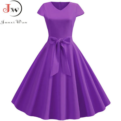 Women Vintage Summer Dress - V Neck Short Sleeve Swing Party Dress With Belt