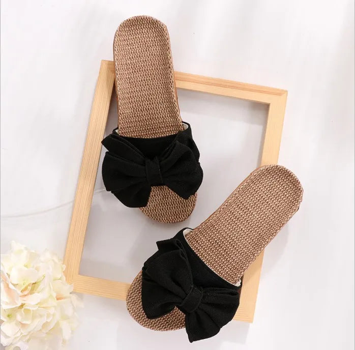 Mntrerm 2024 Women's Casual Linen Slippers – Soft Indoor Flats with Bow-Knot, Cute Summer Home Sneakers
