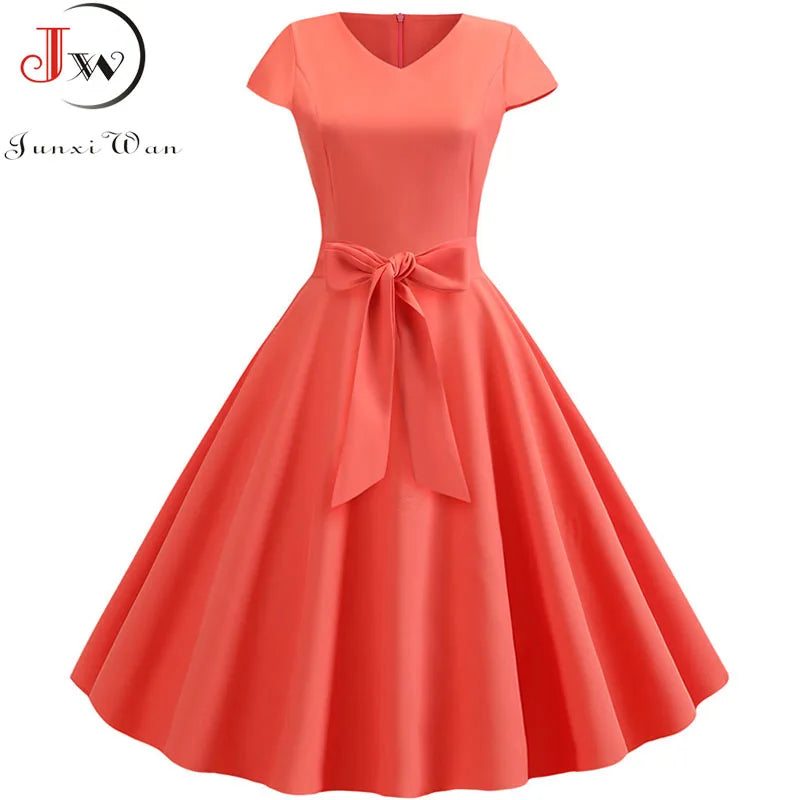 Women Vintage Summer Dress - V Neck Short Sleeve Swing Party Dress With Belt