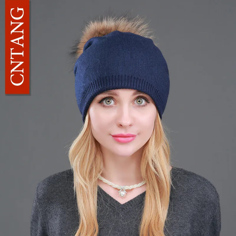 Autumn Winter Knitted Wool Hat for Women – Fashion Pompon Beanie with Genuine Raccoon Fur, Warm and Stylish Cap