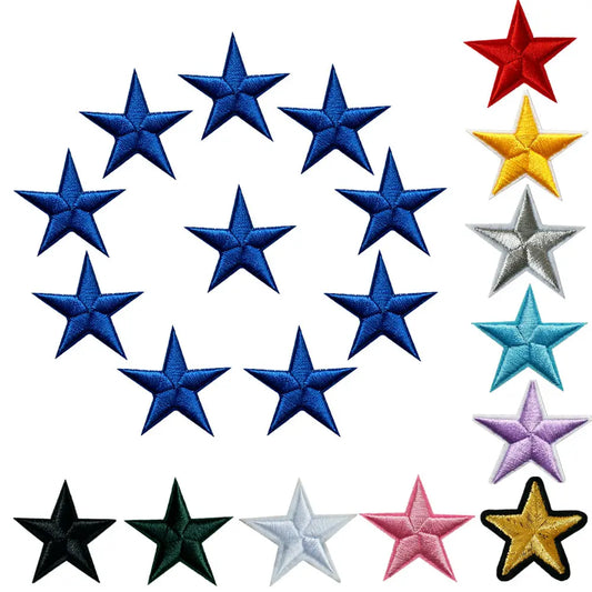 10pcs Star Embroidered Iron-On Patches – Gold Silver Red Blue Pink DIY Applique Badges for Clothes & Craft Decoration