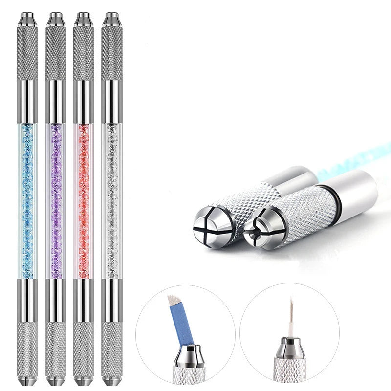 Manual Double-Ended Crystal Acrylic Microblading Pen – Permanent Makeup Eyebrow Tattoo Tool for Flat & Round Needles