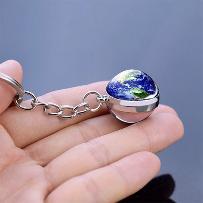 Solar System Planet Keyring — Double-Sided Glass Ball Space Keychain with Moon, Earth, Sun, Mars Galaxy Nebula Art for Car