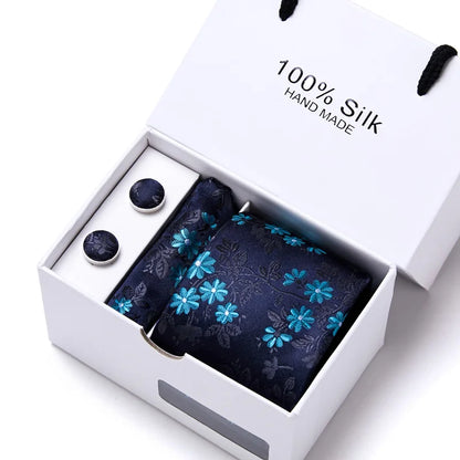 100% Silk Men’s Tie Gift Set - Classic 7.5cm Striped Floral Necktie with Handkerchief for Office, Party & Wedding Formal Wear