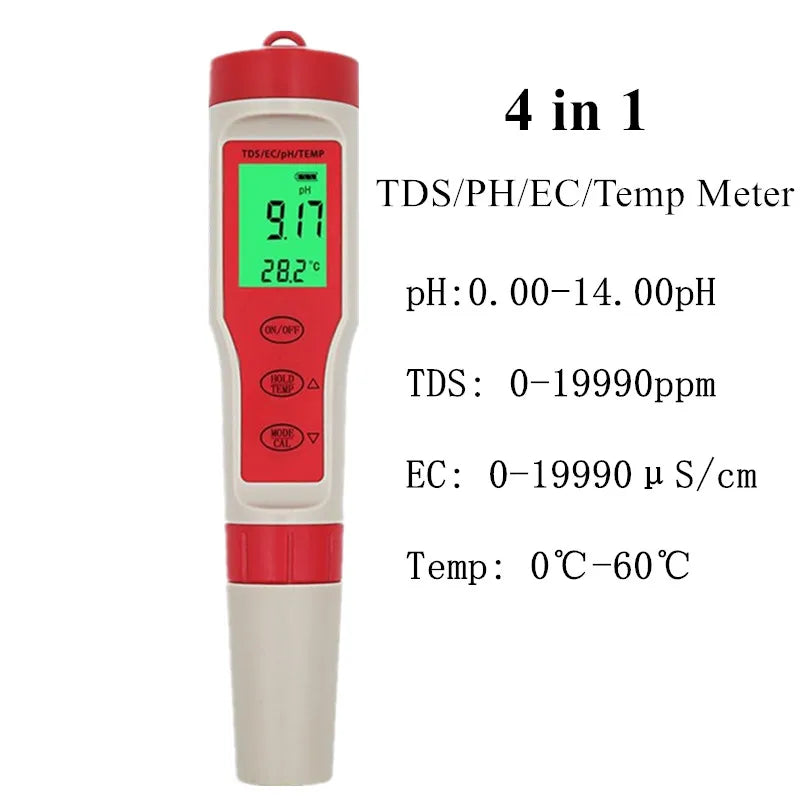 Waterproof PH Meter - PH/TDS/EC/Temp Digital Water Quality Monitor with Backlight for Pools, Drinking Water & Aquariums