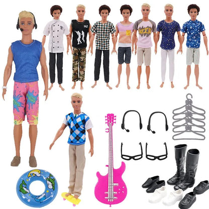 30-Piece Ken Doll Accessories Set — Clothes, Glasses, Shoes, Hangers, Guitar, Skateboard & Headsets for Barbie Dolls, DIY Toy for Girls