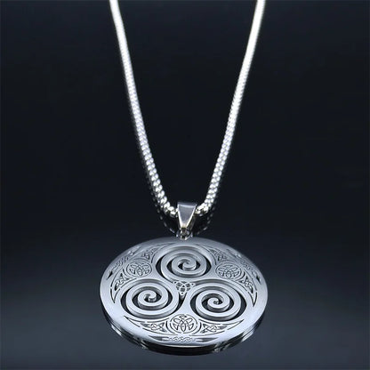 Stainless Steel Witchcraft Vortex Necklace – Viking Triskelion Celtic Knot Spiral, Silver Jewelry N7062S02