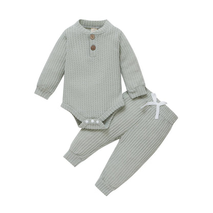 Unisex Baby 2-Piece Outfit Set - Long-Sleeve Ribbed or Plaid Bodysuit with Elastic Pants for Spring & Autumn