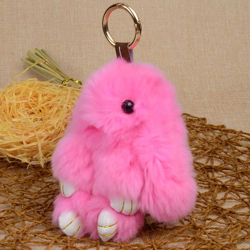 Genuine Rex Rabbit Fur Keychain - Fluffy Bunny Bag Charm and Car Pendant for Women
