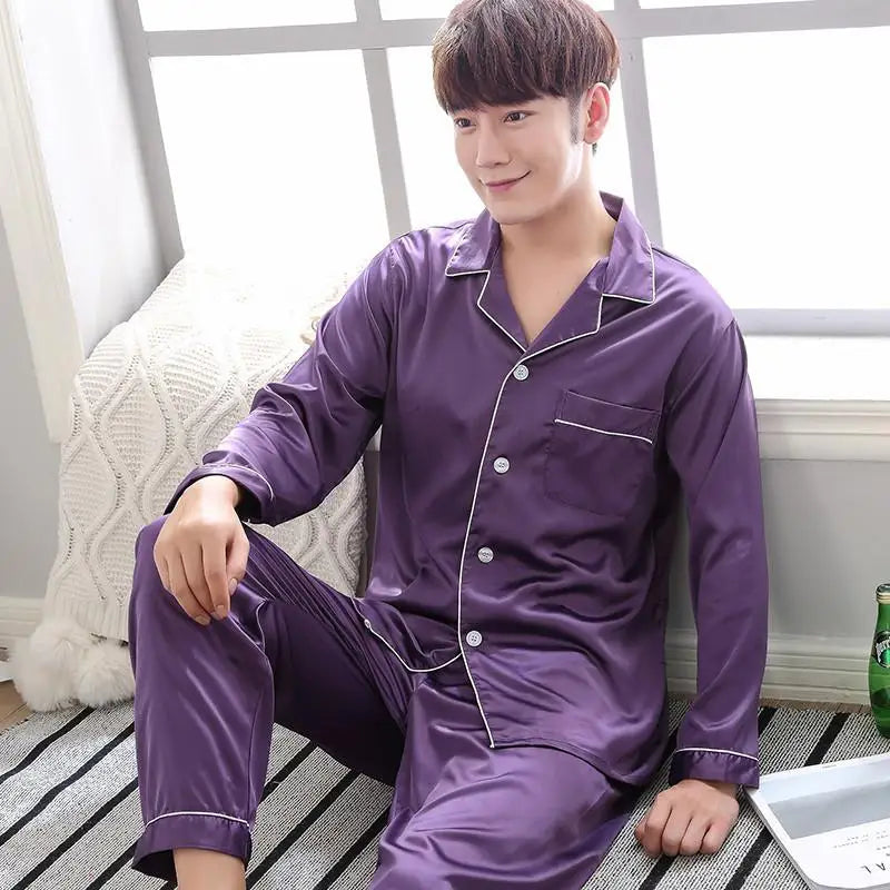 Solid Color Silk Satin Pajama Set – Long Button-Down Sleepwear for Couples, Women & Men Loungewear Plus Size