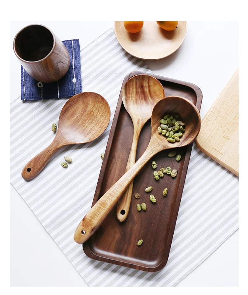 1-7pcs Teak Wood Tableware Set – Natural Wooden Spoons, Colander Spoon & Soup Skimmer Cooking Tool Kit