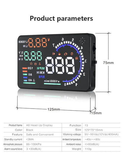 ADQ 5.5" OBD2 HUD Car Head-Up Display – Digital Speedometer, Tachometer, Windshield Projector with Speed, Water Temp & RPM Alarm