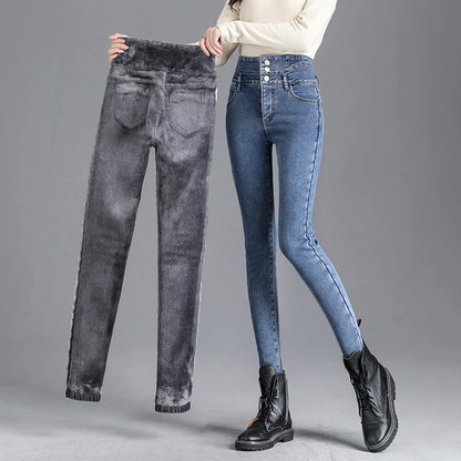 Thermal Fleece-Lined High-Waist Skinny Jeans for Women - Warm Stretch Velvet Pencil Pants with Button Closure