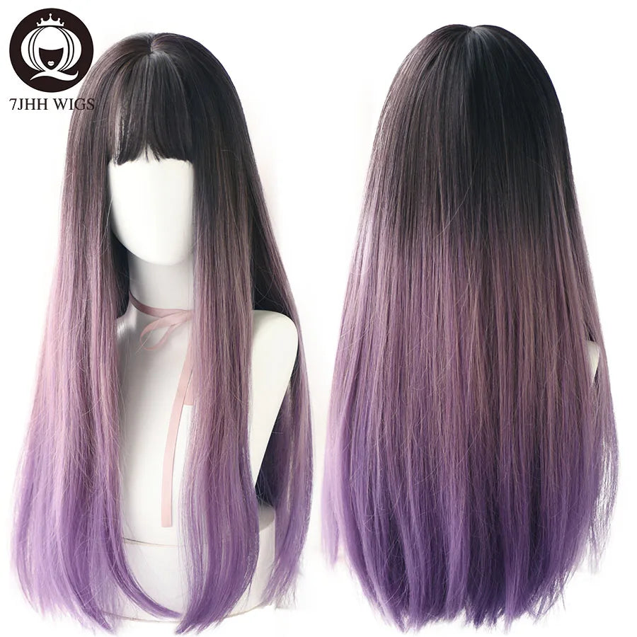 7JHHWIGS Long Straight Light Brown Synthetic Wig with Bangs – Heat-Resistant Daily Wear Wig for Women
