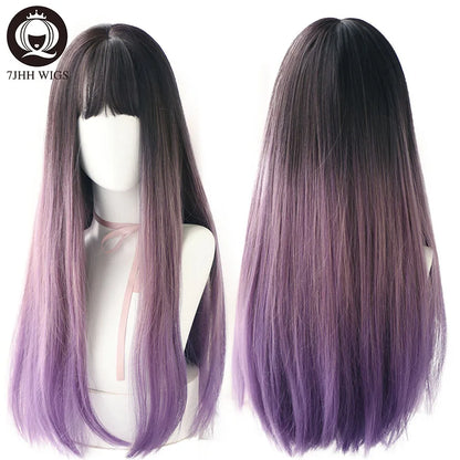 7JHHWIGS Long Straight Light Brown Synthetic Wig with Bangs – Heat-Resistant Daily Wear Wig for Women