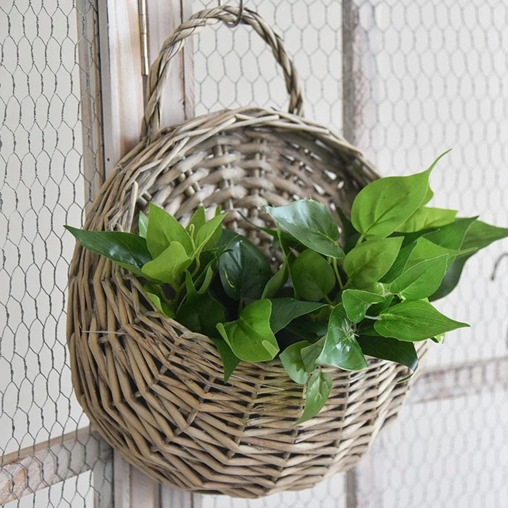 Wall Mount Rattan Flower Basket - Woven Hanging Planter Vase for Garden, Balcony & Home Decor