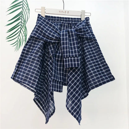 TOTRUST Women’s Fashion Asymmetrical Summer Plaid Mini Skirt – Casual College Style Fake Shirt Design